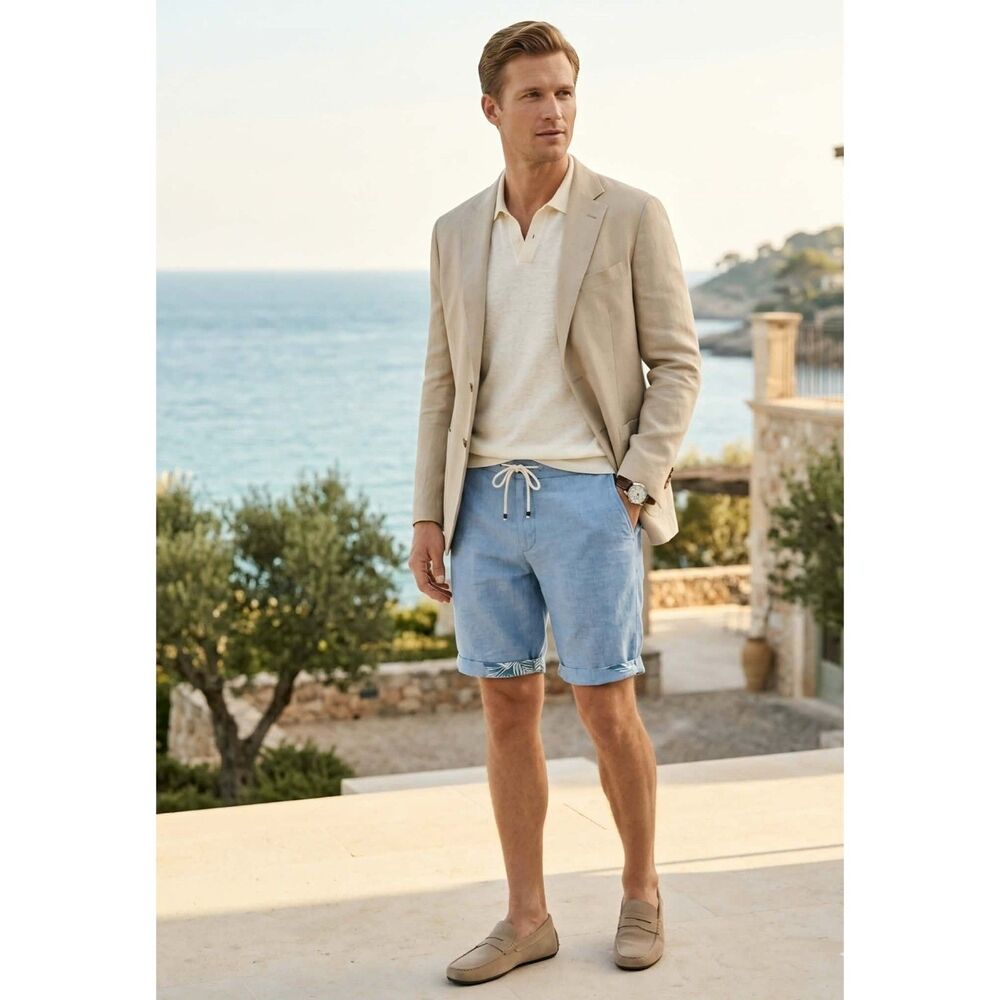 ZARA MAN Light Blue Cotton Drawstring Bermuda Shorts XL (Fits 32-33) Resortwear